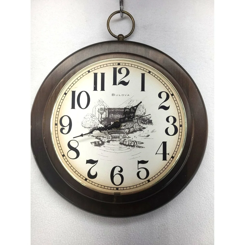Bulova Quartz Vintage Wall Clock Wooden Round 13.5 Inch Vintage